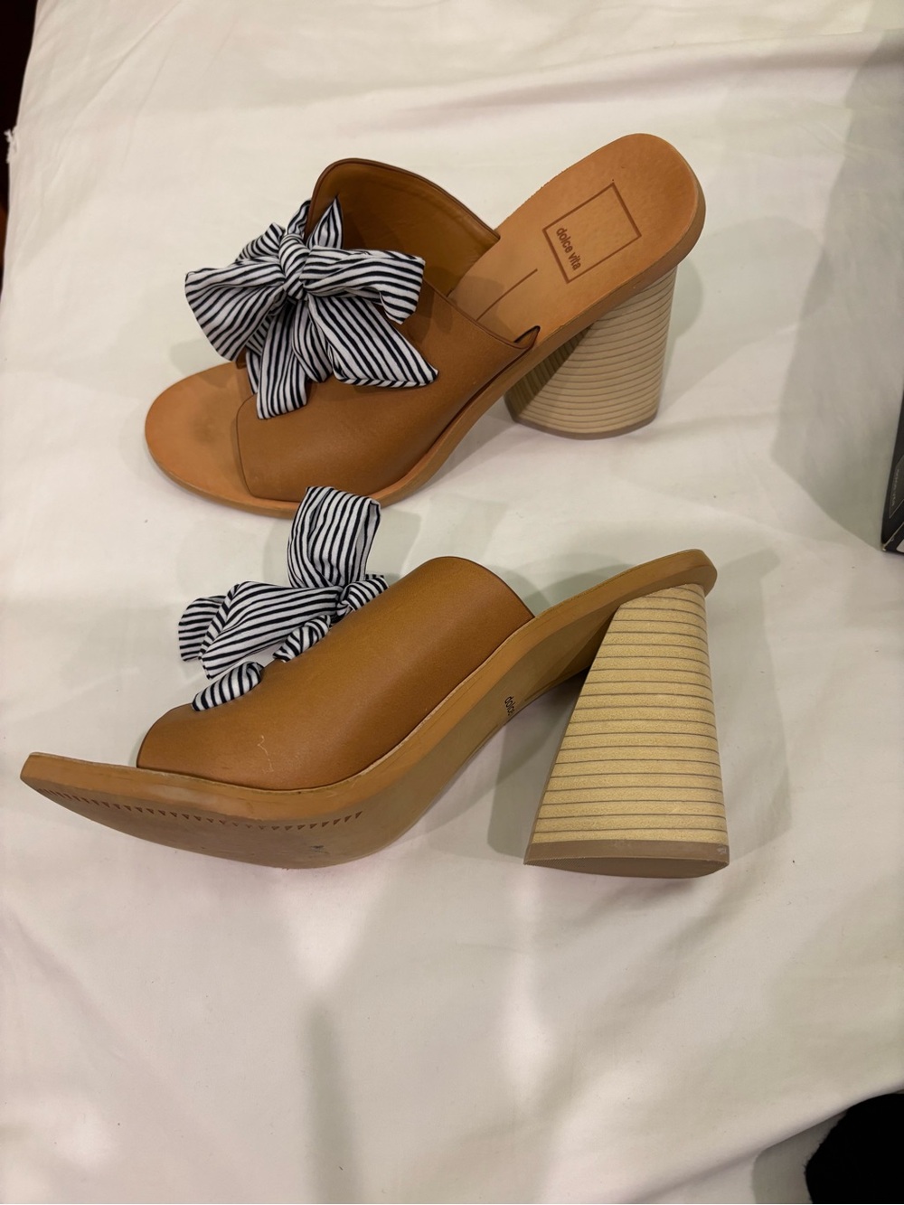 Dolce Vita Tan Slide Heels with Black & White Striped Bow